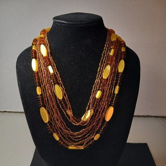 Vintage Multi strand Beaded Yellow and Golden Amber Necklace Cottagecore Grandma - Picture 1 of 8
